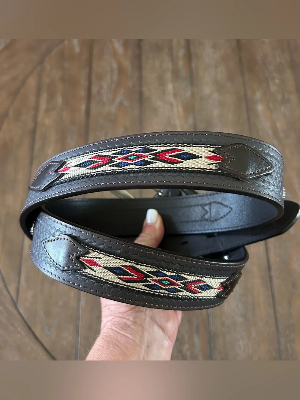 Southwestern Basketweave Brown Leather Belt Embroidered Aztec Inlay With Conchos